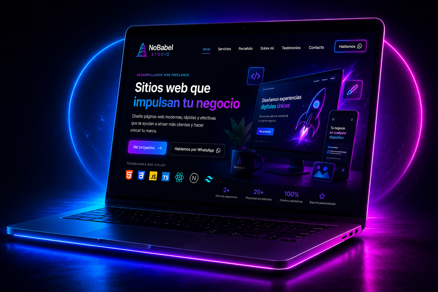 Laptop mostrando un sitio web premium de NoBabel Studio